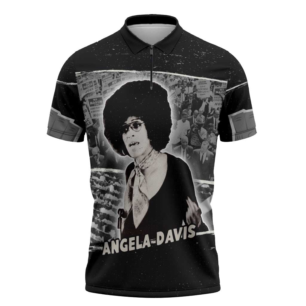 Angela Davis Zipper Polo Shirt Protest Design Liberating Minds and Society Quote Civil Rights Movement - Wonder Print Shop