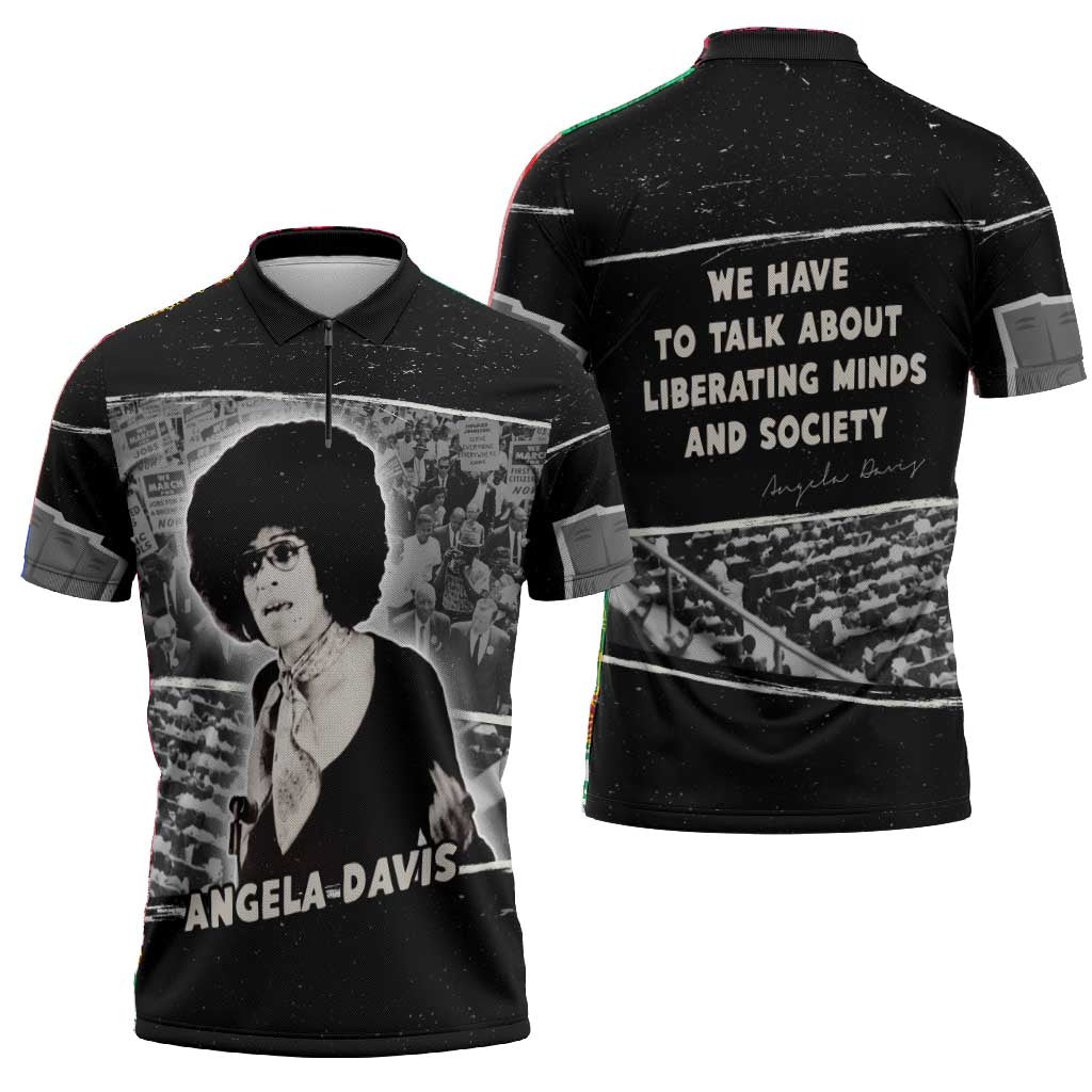Angela Davis Zipper Polo Shirt Protest Design Liberating Minds and Society Quote Civil Rights Movement - Wonder Print Shop