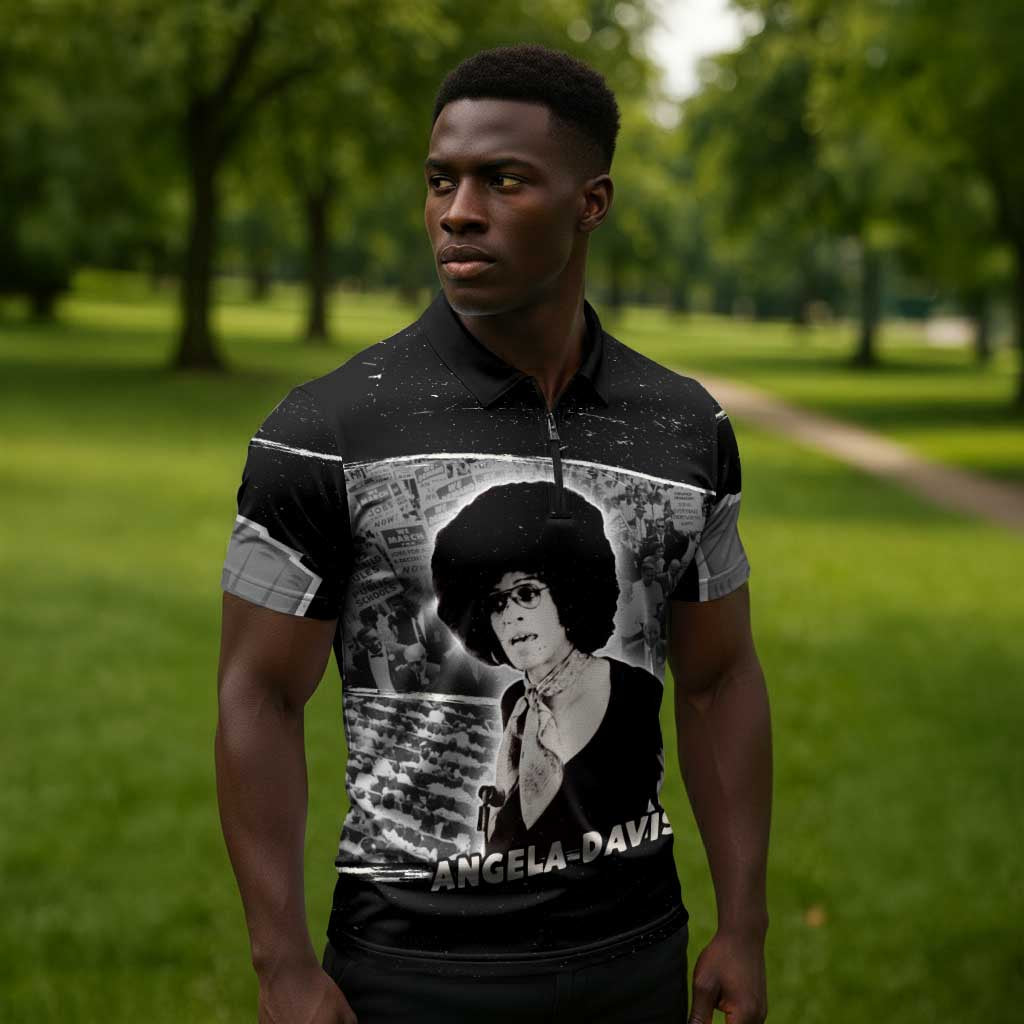 Angela Davis Zipper Polo Shirt Protest Design Liberating Minds and Society Quote Civil Rights Movement - Wonder Print Shop
