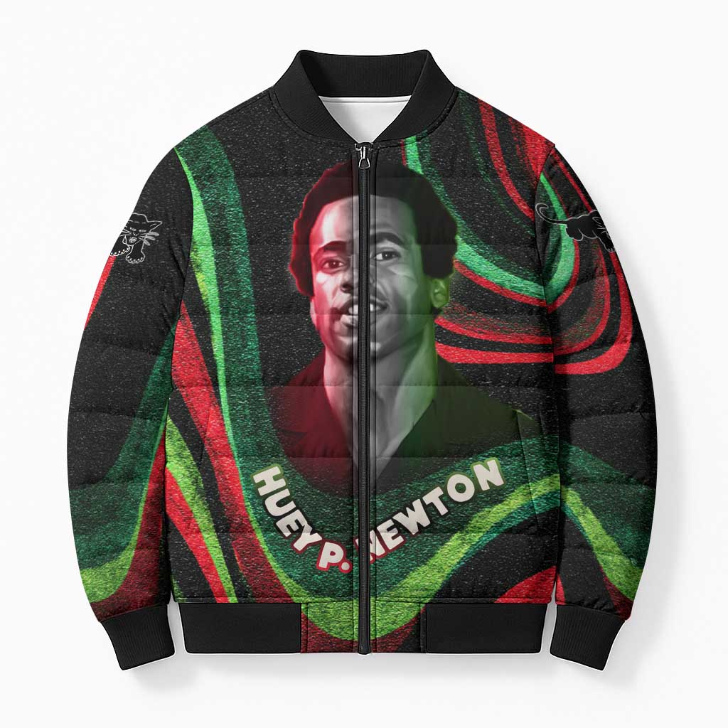 Huey P. Newton Bomber Puffer Jacket Swirl Design Black Panther Party Symbol Revolutionary Tribute - Wonder Print Shop