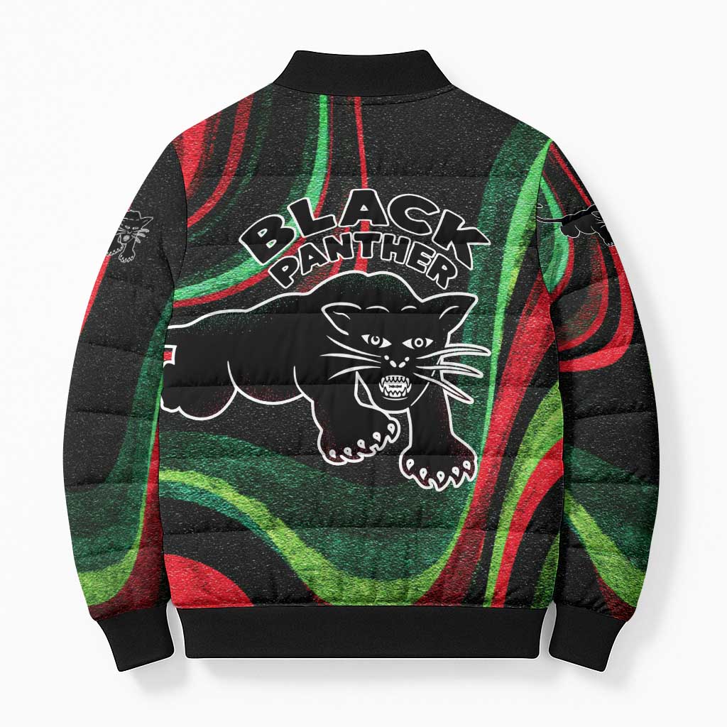 Huey P. Newton Bomber Puffer Jacket Swirl Design Black Panther Party Symbol Revolutionary Tribute - Wonder Print Shop