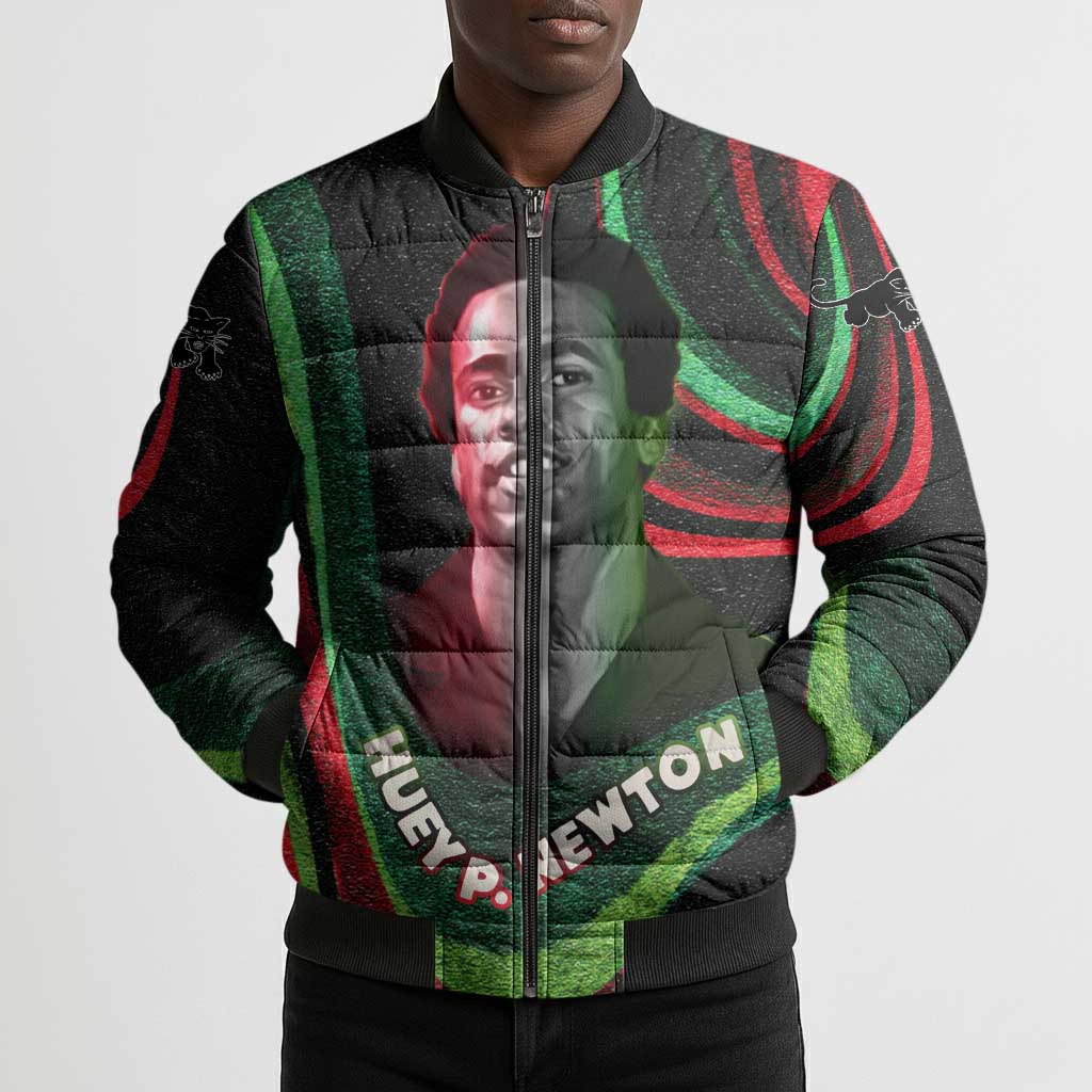 Huey P. Newton Bomber Puffer Jacket Swirl Design Black Panther Party Symbol Revolutionary Tribute - Wonder Print Shop