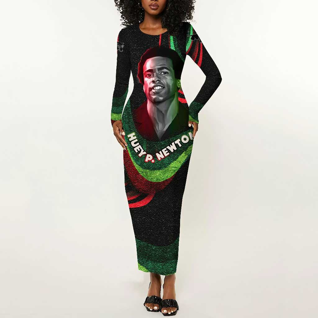 Huey P. Newton Long Sleeve Bodycon Dress Swirl Design Black Panther Party Symbol Revolutionary Tribute - Wonder Print Shop
