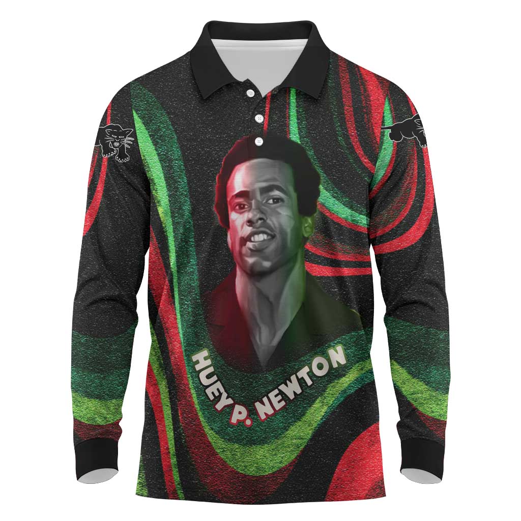Huey P. Newton Long Sleeve Polo Shirt Swirl Design Black Panther Party Symbol Revolutionary Tribute - Wonder Print Shop
