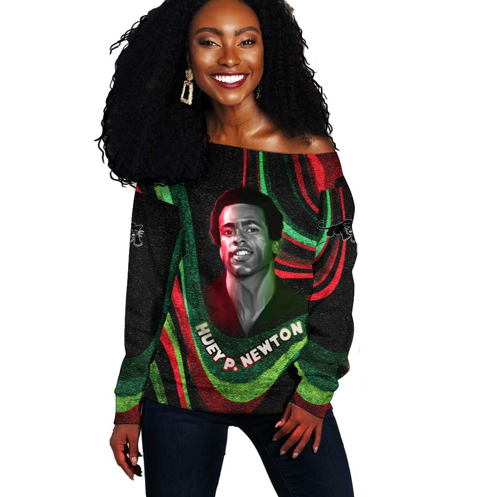 Huey P. Newton Off Shoulder Sweater Swirl Design Black Panther Party Symbol Revolutionary Tribute - Wonder Print Shop