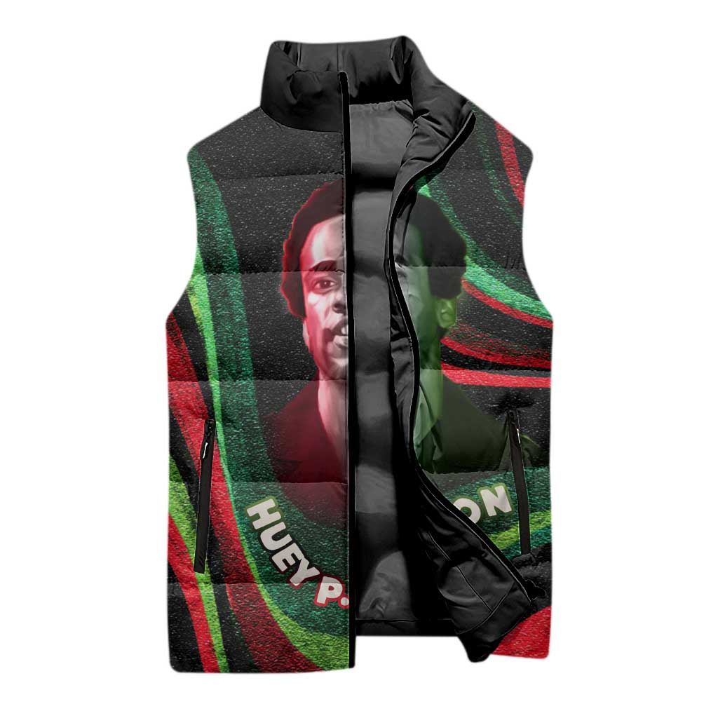 Huey P. Newton Sleeveless Puffer Jacket Swirl Design Black Panther Party Symbol Revolutionary Tribute - Wonder Print Shop