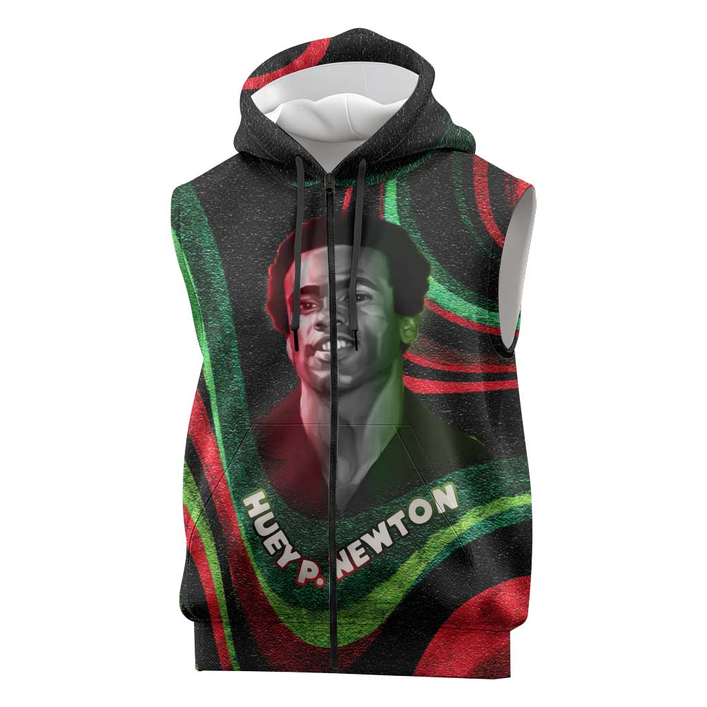 Huey P. Newton Sleeveless Zip Hoodie Swirl Design Black Panther Party Symbol Revolutionary Tribute - Wonder Print Shop