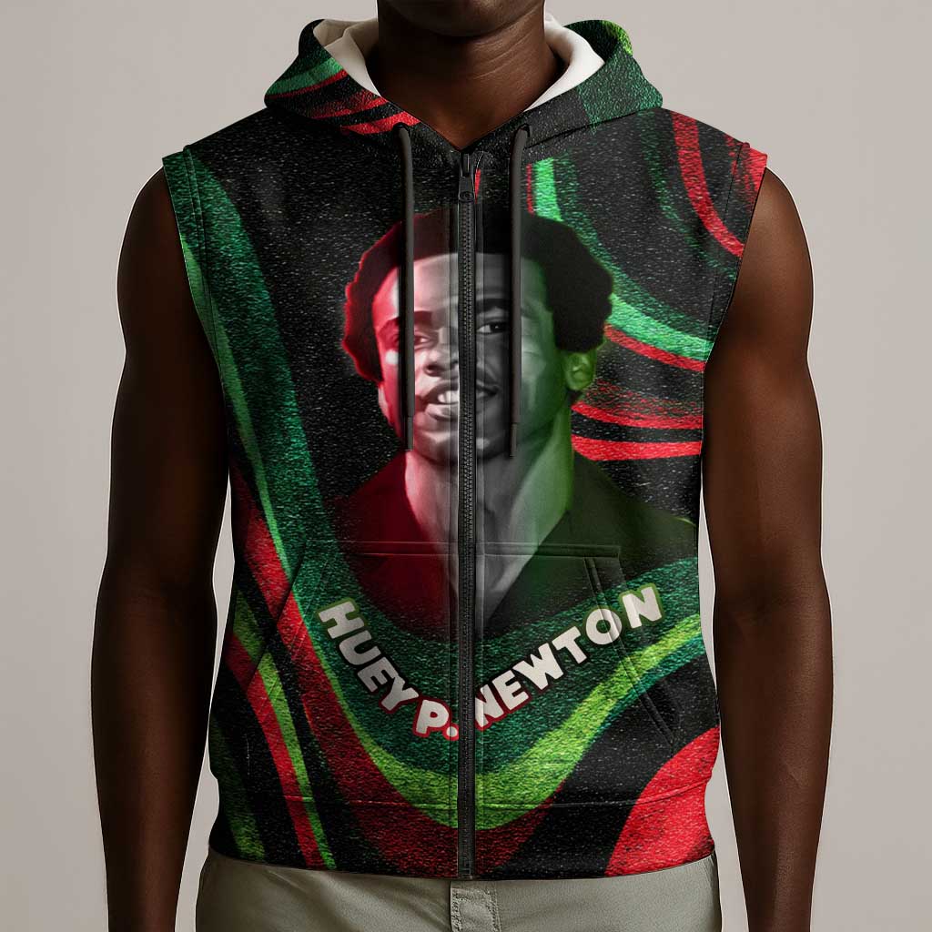 Huey P. Newton Sleeveless Zip Hoodie Swirl Design Black Panther Party Symbol Revolutionary Tribute - Wonder Print Shop