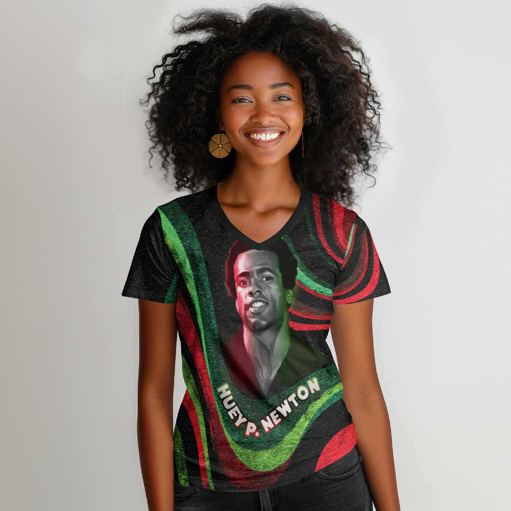 Huey P. Newton Women V-Neck T-Shirt Swirl Design Black Panther Party Symbol Revolutionary Tribute TS04