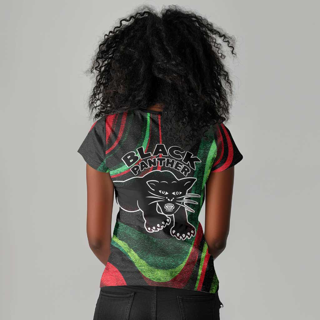 Huey P. Newton Women V-Neck T-Shirt Swirl Design Black Panther Party Symbol Revolutionary Tribute TS04