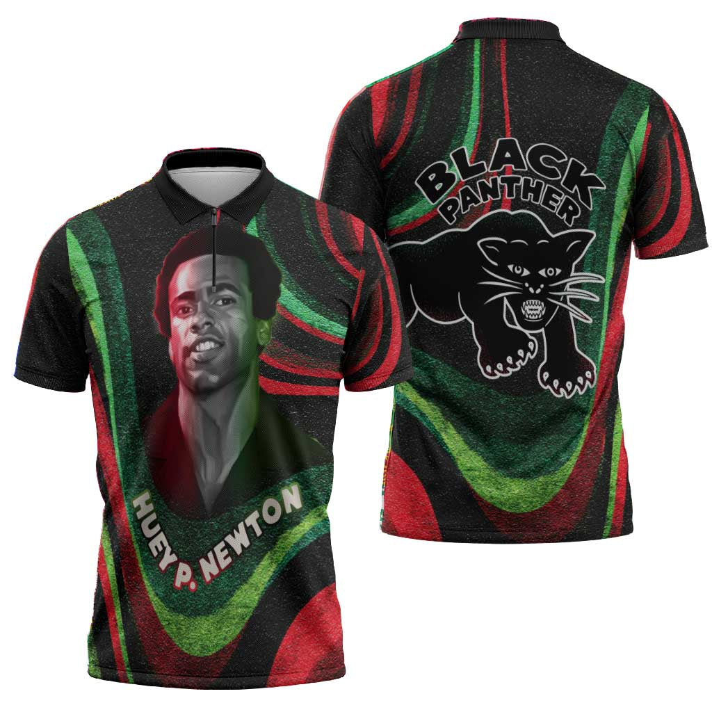 Huey P. Newton Zipper Polo Shirt Swirl Design Black Panther Party Symbol Revolutionary Tribute - Wonder Print Shop