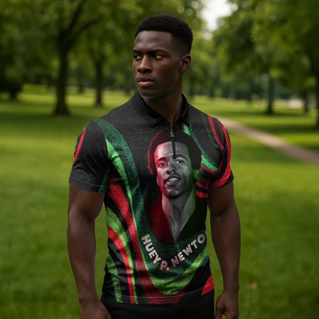 Huey P. Newton Zipper Polo Shirt Swirl Design Black Panther Party Symbol Revolutionary Tribute - Wonder Print Shop