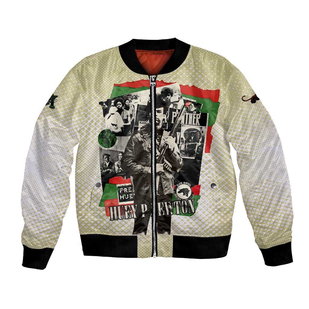 Huey P. Newton Bomber Jacket Black Panther Collage Design Civil Rights Movement Theme Revolutionary Tribute - Wonder Print Shop