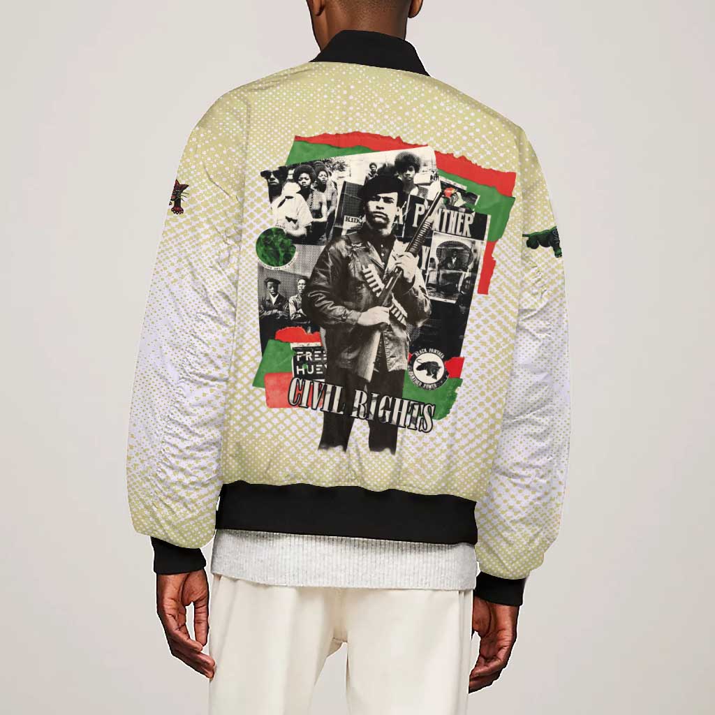 Huey P. Newton Bomber Jacket Black Panther Collage Design Civil Rights Movement Theme Revolutionary Tribute - Wonder Print Shop