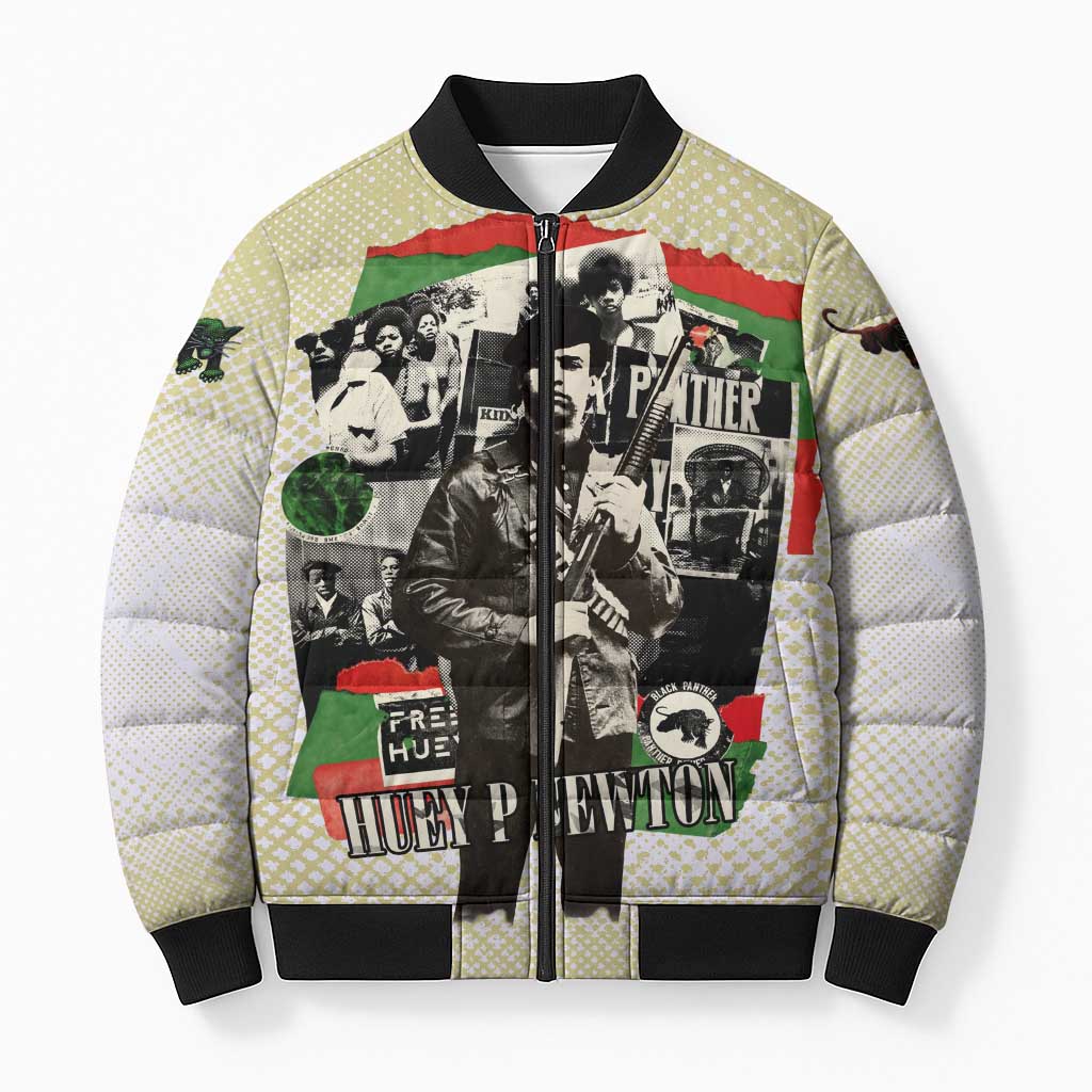 Huey P. Newton Bomber Puffer Jacket Black Panther Collage Design Civil Rights Movement Theme Revolutionary Tribute - Wonder Print Shop