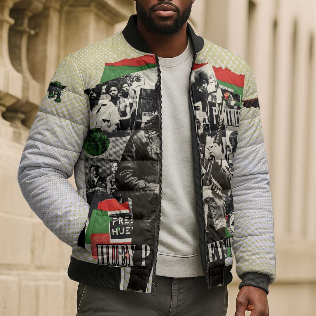 Huey P. Newton Bomber Puffer Jacket Black Panther Collage Design Civil Rights Movement Theme Revolutionary Tribute - Wonder Print Shop