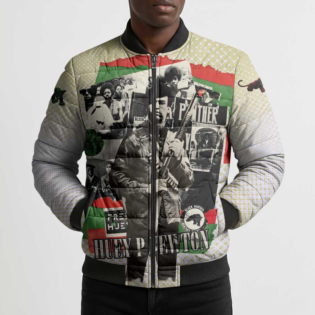 Huey P. Newton Bomber Puffer Jacket Black Panther Collage Design Civil Rights Movement Theme Revolutionary Tribute - Wonder Print Shop