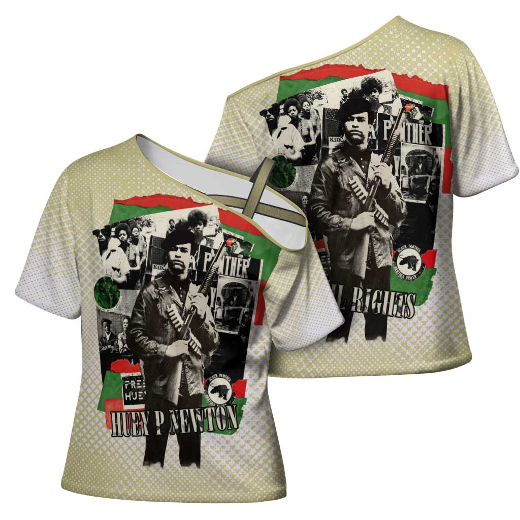 Huey P. Newton Cross Shoulder Shirt Black Panther Collage Design Civil Rights Movement Theme Revolutionary Tribute - Wonder Print Shop