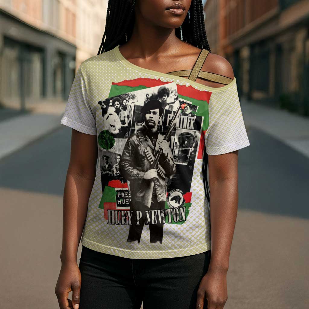 Huey P. Newton Cross Shoulder Shirt Black Panther Collage Design Civil Rights Movement Theme Revolutionary Tribute - Wonder Print Shop