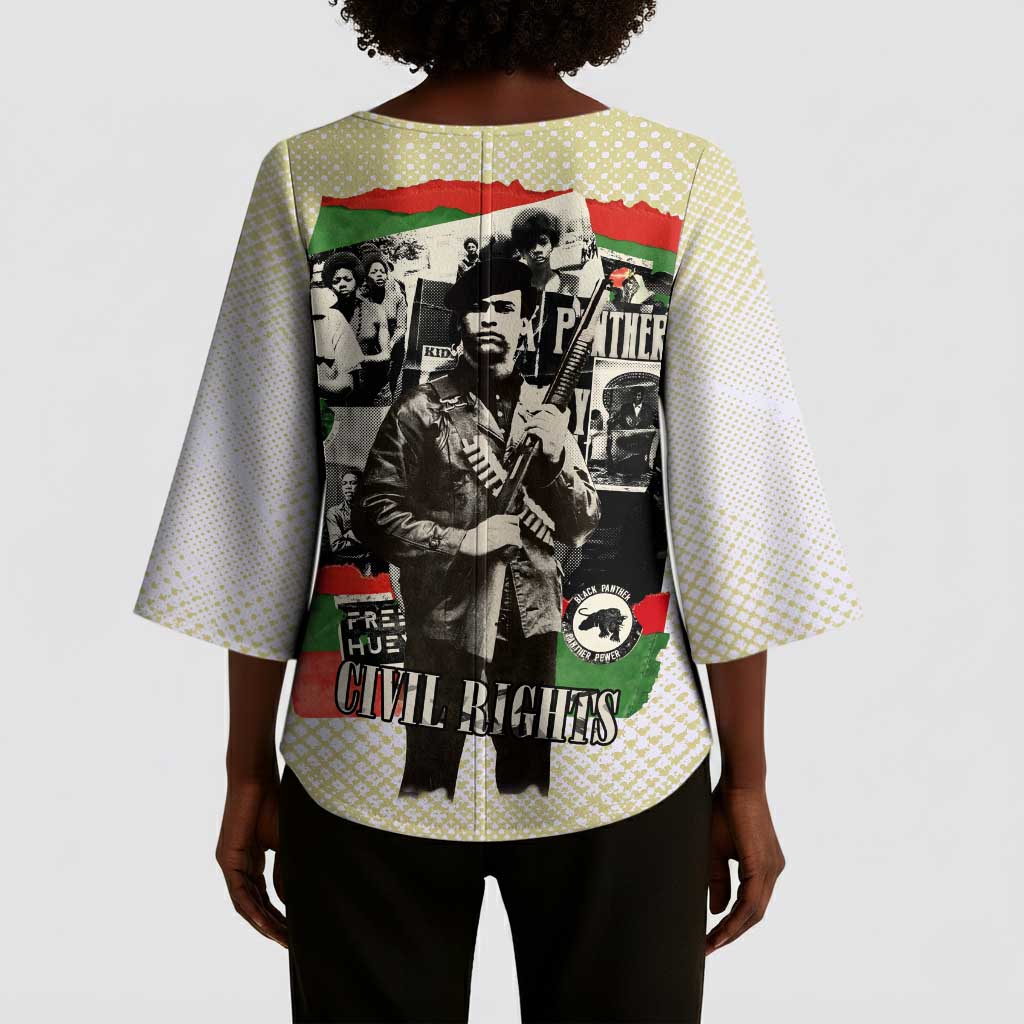 Huey P. Newton Kimono Sleeve Blouse Black Panther Collage Design Civil Rights Movement Theme Revolutionary Tribute - Wonder Print Shop