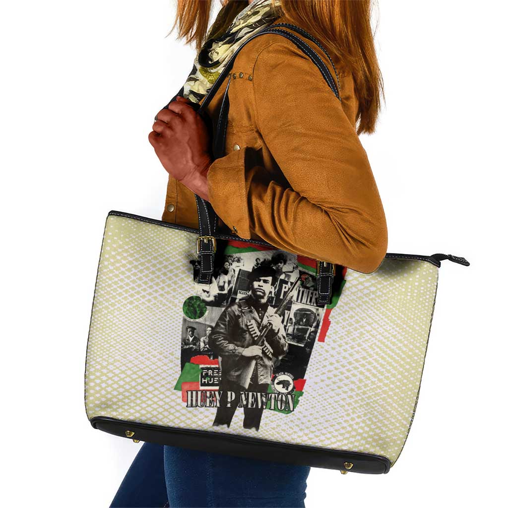 Huey P. Newton Leather Tote Bag Black Panther Collage Design Civil Rights Movement Theme Revolutionary Tribute - Wonder Print Shop