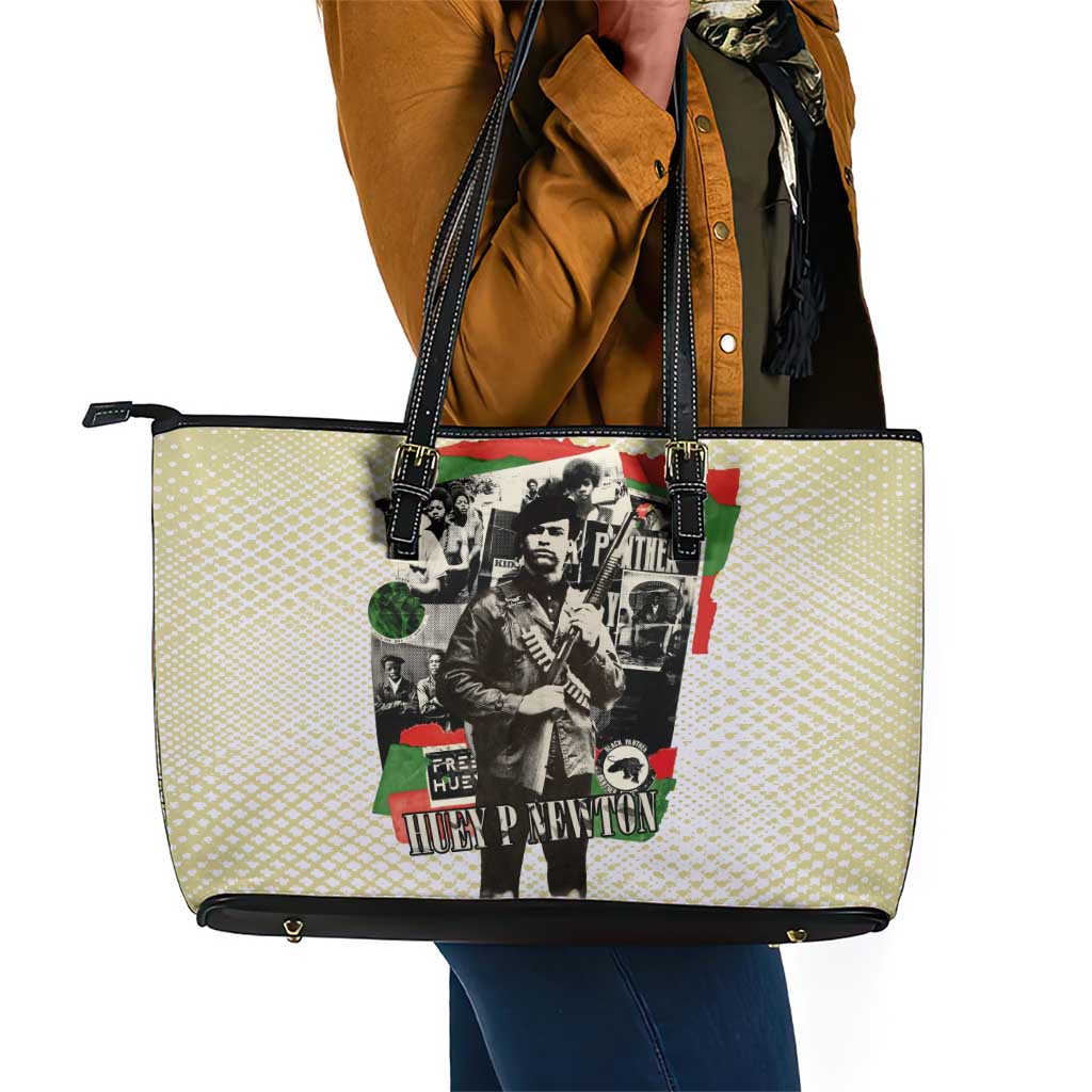 Huey P. Newton Leather Tote Bag Black Panther Collage Design Civil Rights Movement Theme Revolutionary Tribute - Wonder Print Shop