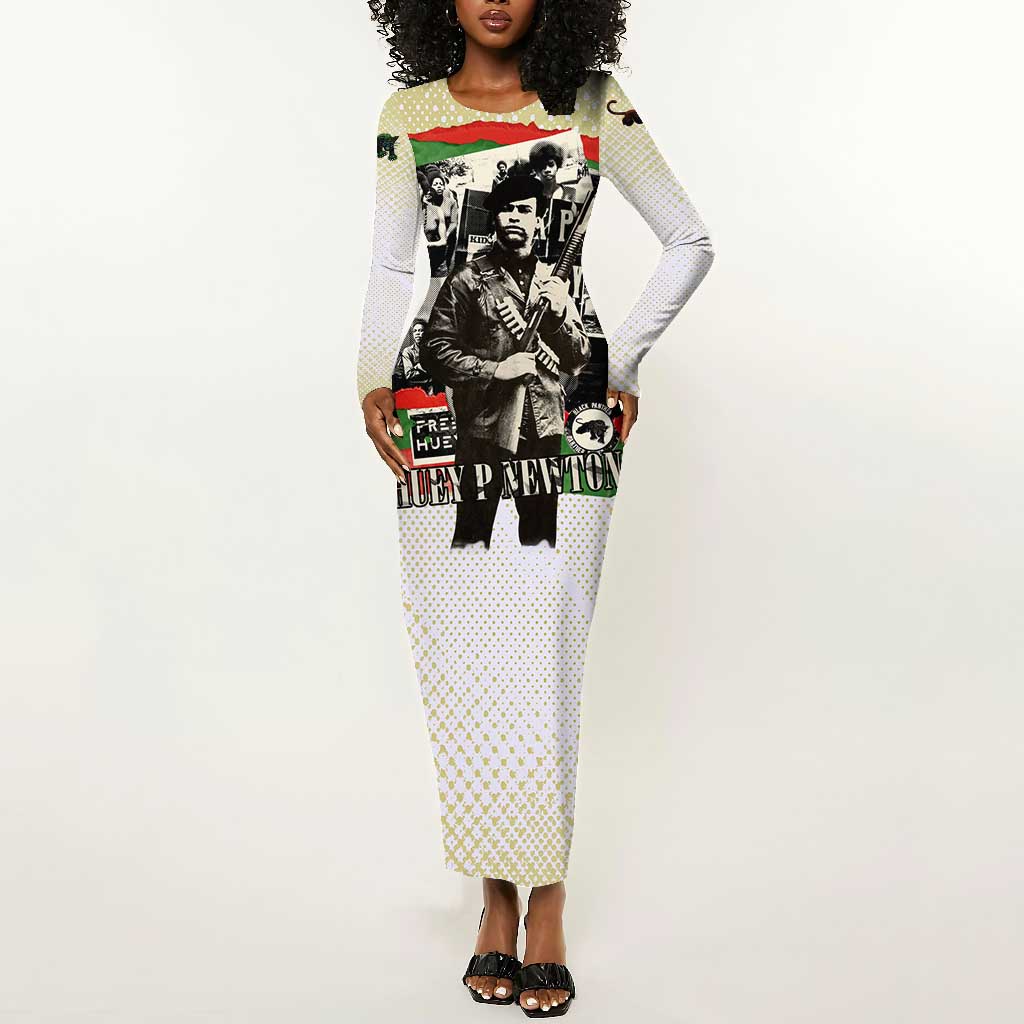 Huey P. Newton Long Sleeve Bodycon Dress Black Panther Collage Design Civil Rights Movement Theme Revolutionary Tribute - Wonder Print Shop