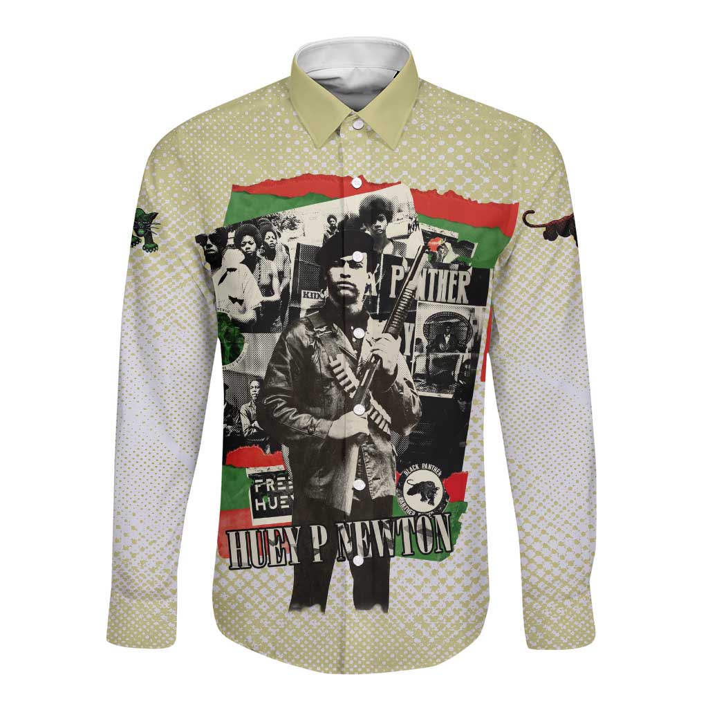 Huey P. Newton Long Sleeve Button Shirt Black Panther Collage Design Civil Rights Movement Theme Revolutionary Tribute - Wonder Print Shop