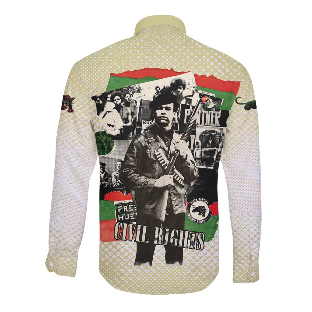 Huey P. Newton Long Sleeve Button Shirt Black Panther Collage Design Civil Rights Movement Theme Revolutionary Tribute - Wonder Print Shop