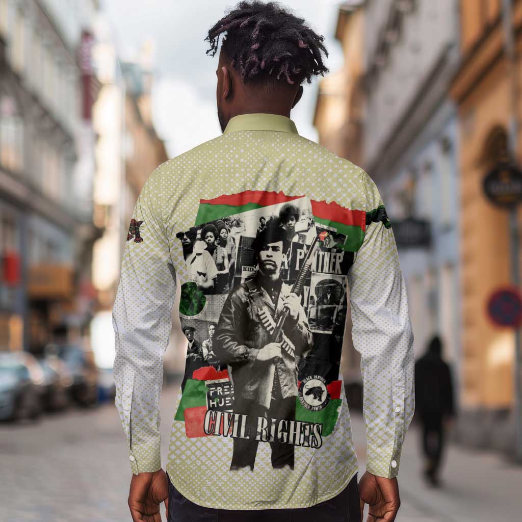 Huey P. Newton Long Sleeve Button Shirt Black Panther Collage Design Civil Rights Movement Theme Revolutionary Tribute - Wonder Print Shop