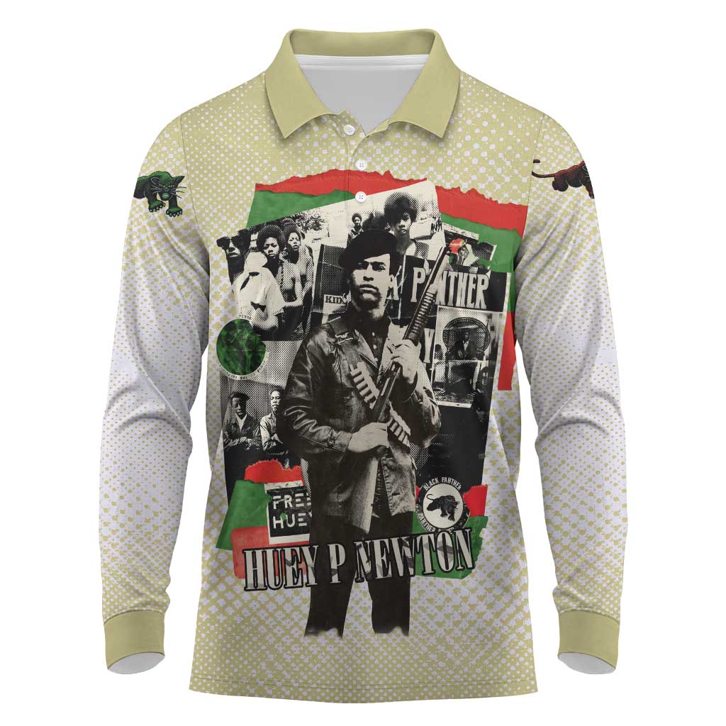 Huey P. Newton Long Sleeve Polo Shirt Black Panther Collage Design Civil Rights Movement Theme Revolutionary Tribute - Wonder Print Shop