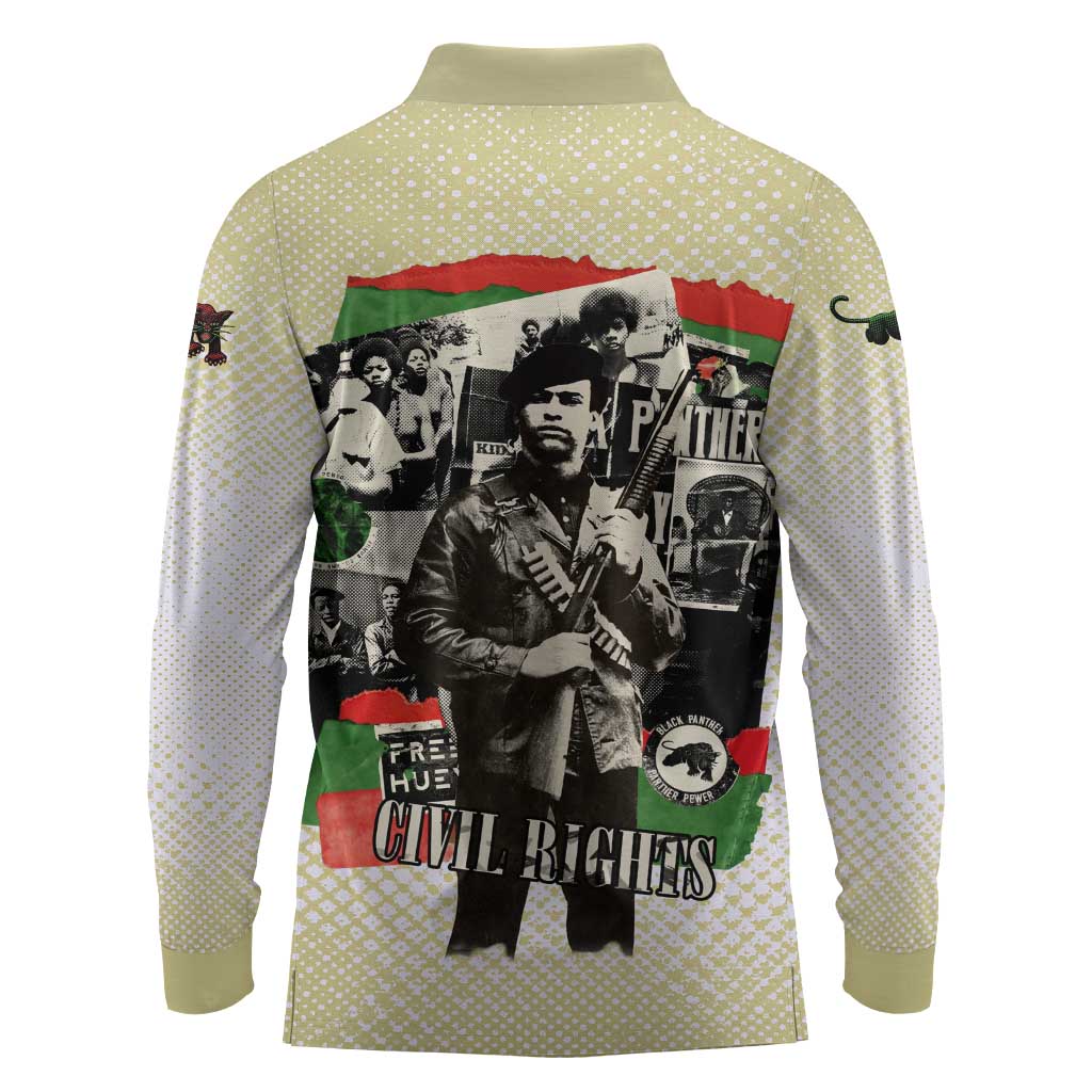 Huey P. Newton Long Sleeve Polo Shirt Black Panther Collage Design Civil Rights Movement Theme Revolutionary Tribute - Wonder Print Shop