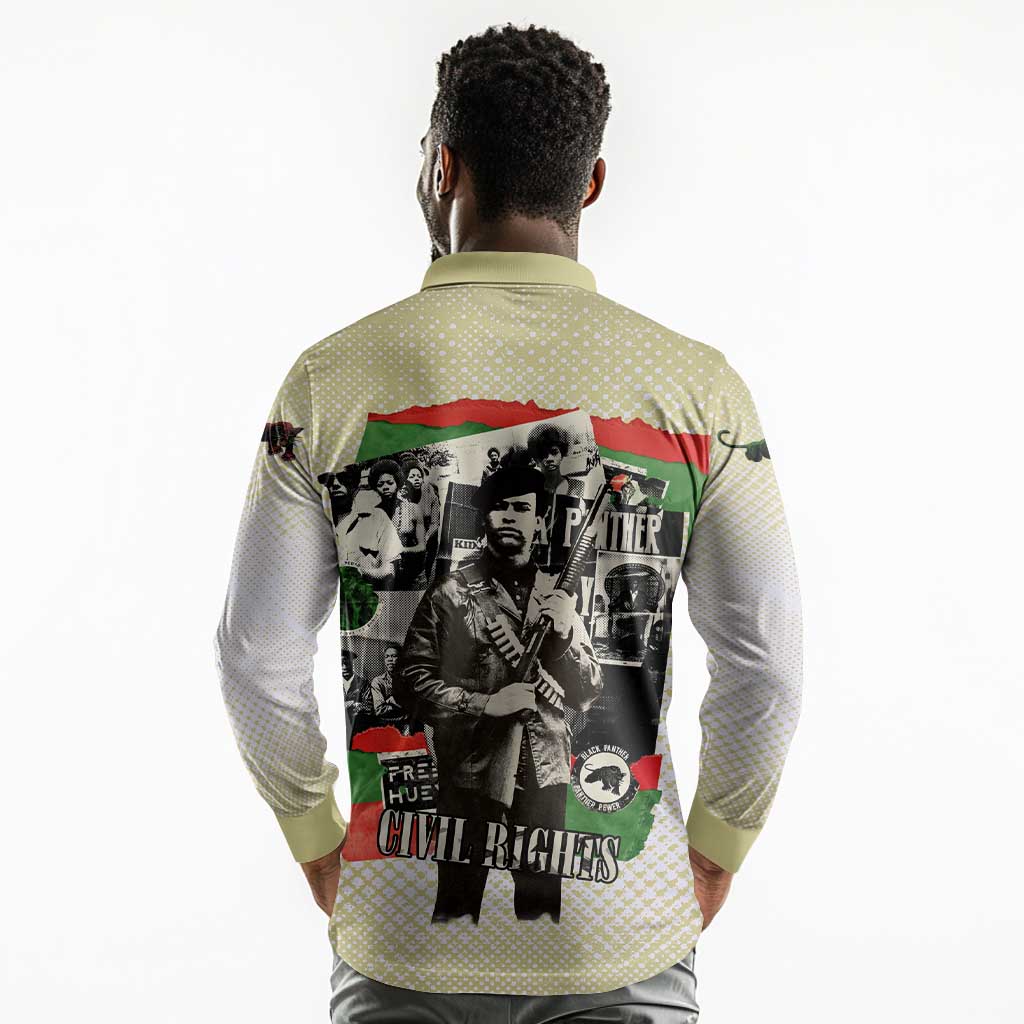 Huey P. Newton Long Sleeve Polo Shirt Black Panther Collage Design Civil Rights Movement Theme Revolutionary Tribute - Wonder Print Shop