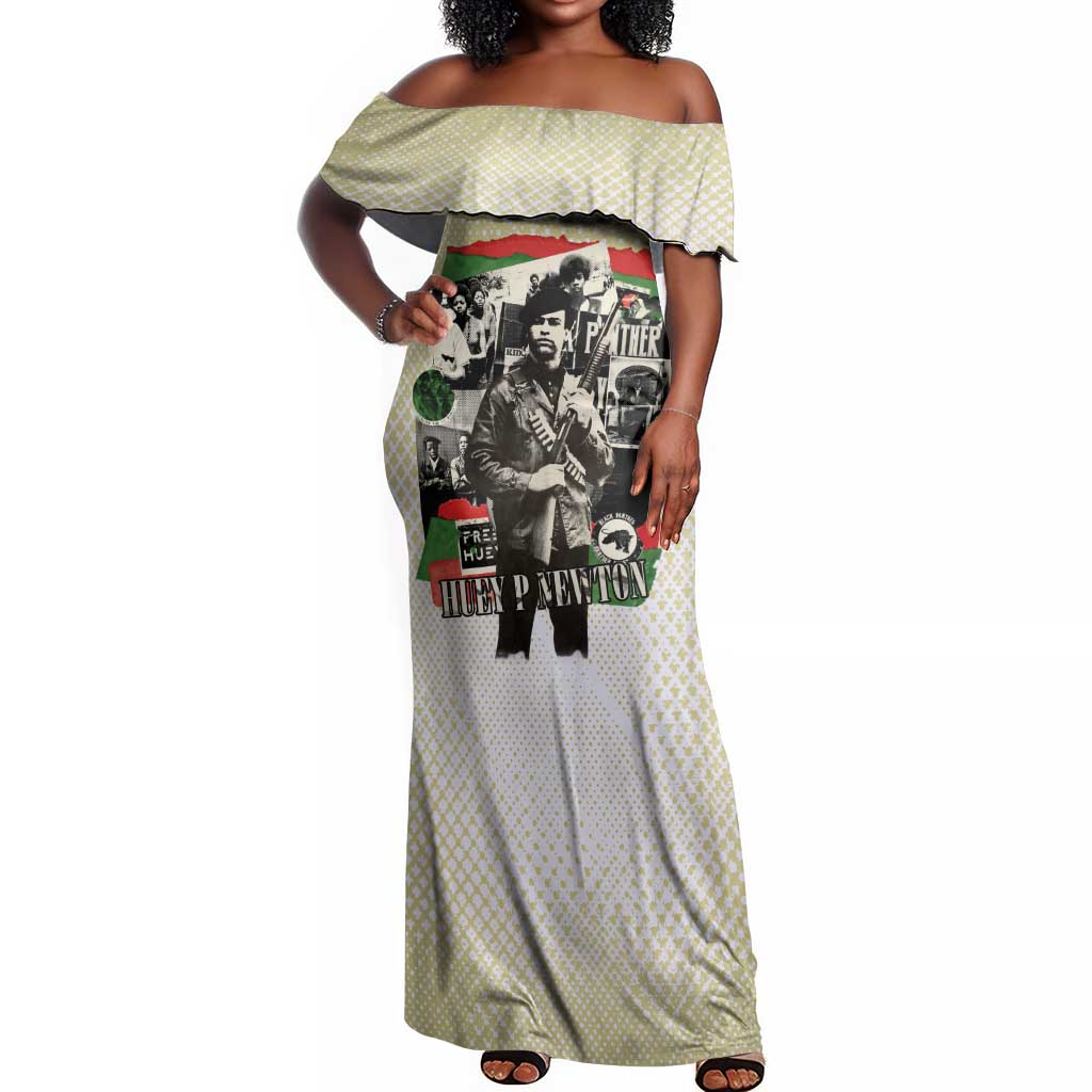 Huey P. Newton Off Shoulder Maxi Dress Black Panther Collage Design Civil Rights Movement Theme Revolutionary Tribute - Wonder Print Shop