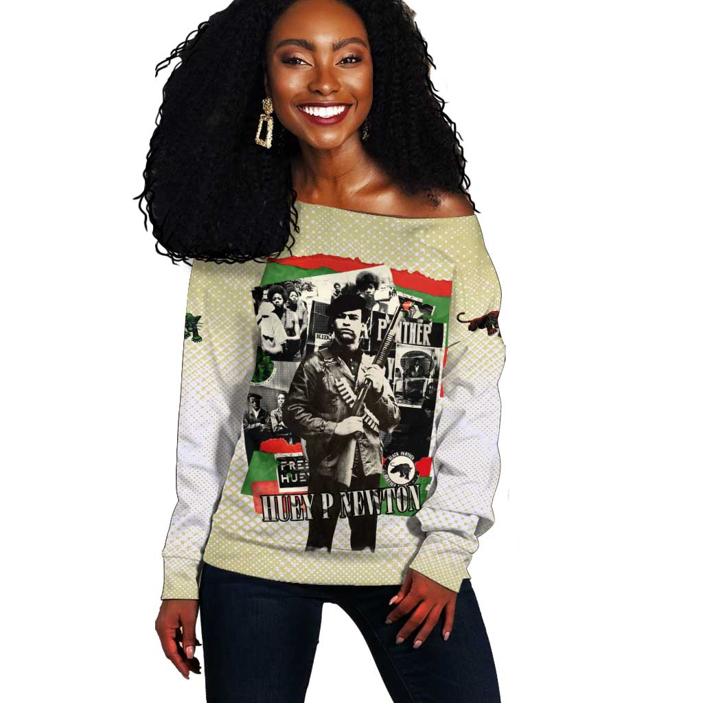 Huey P. Newton Off Shoulder Sweater Black Panther Collage Design Civil Rights Movement Theme Revolutionary Tribute - Wonder Print Shop