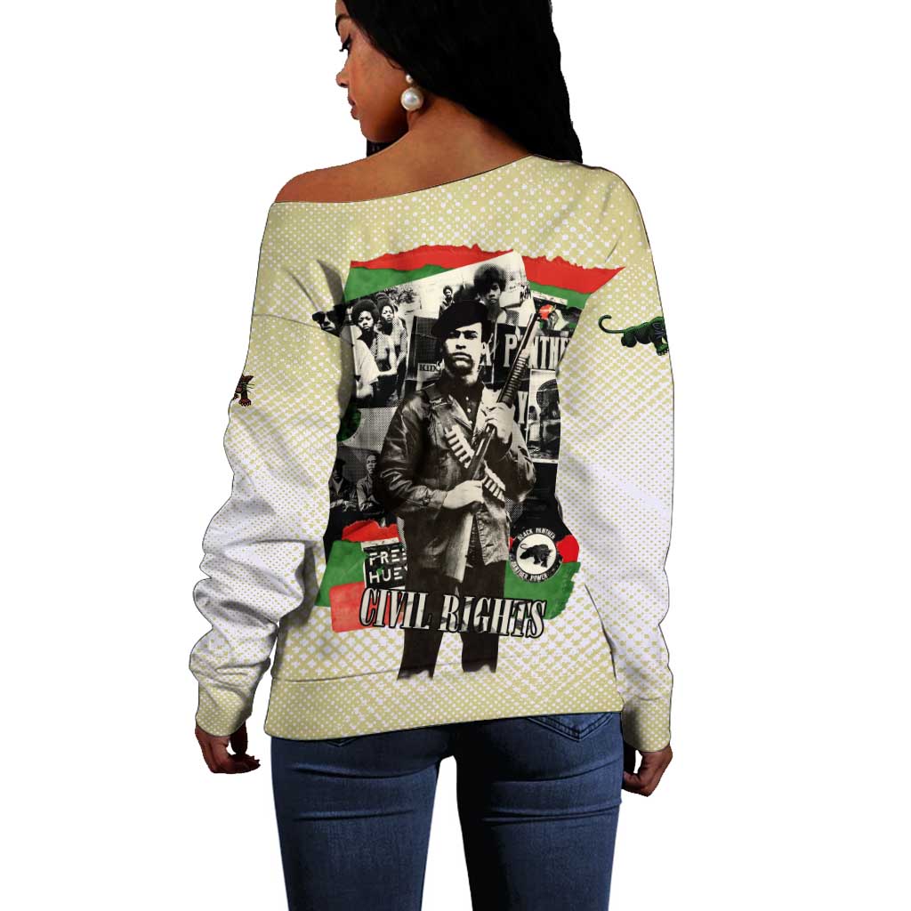 Huey P. Newton Off Shoulder Sweater Black Panther Collage Design Civil Rights Movement Theme Revolutionary Tribute - Wonder Print Shop