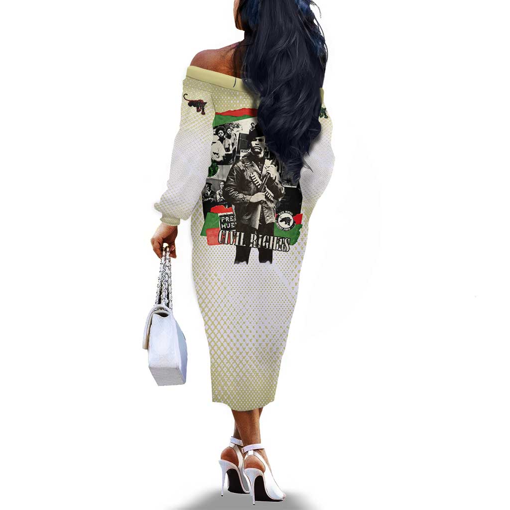 Huey P. Newton Off The Shoulder Long Sleeve Dress Black Panther Collage Design Civil Rights Movement Theme Revolutionary Tribute - Wonder Print Shop