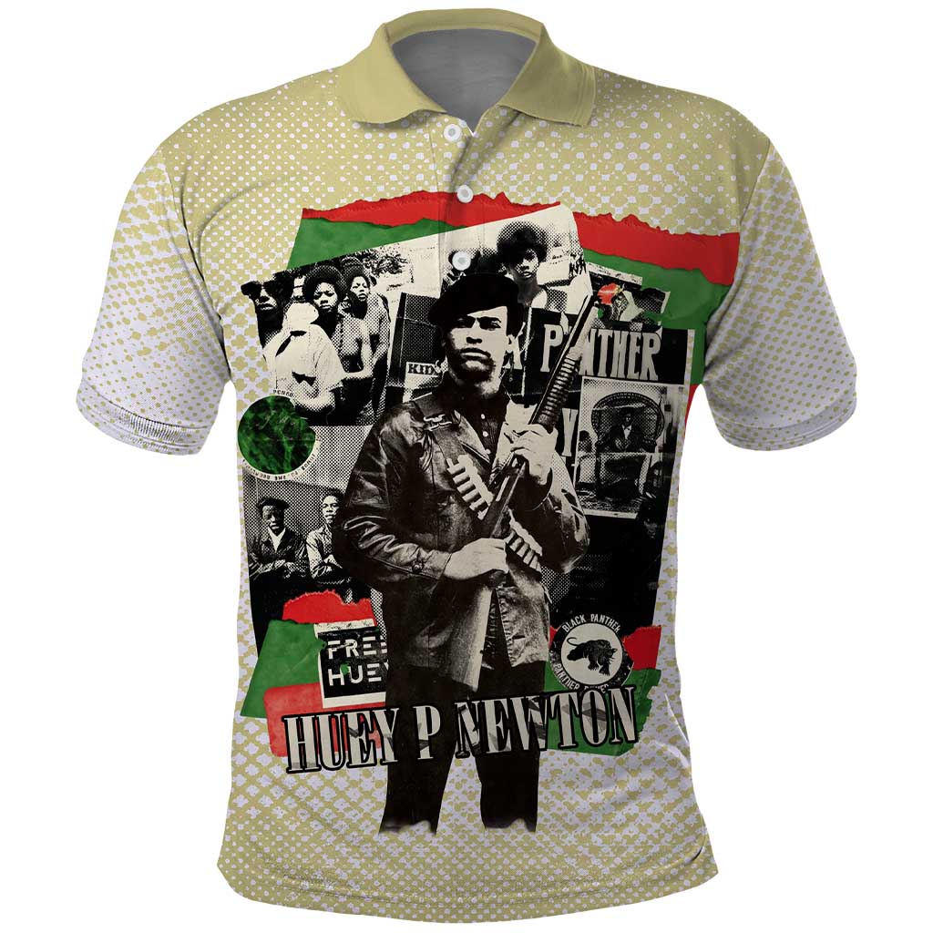 Huey P. Newton Polo Shirt Black Panther Collage Design Civil Rights Movement Theme Revolutionary Tribute TS04