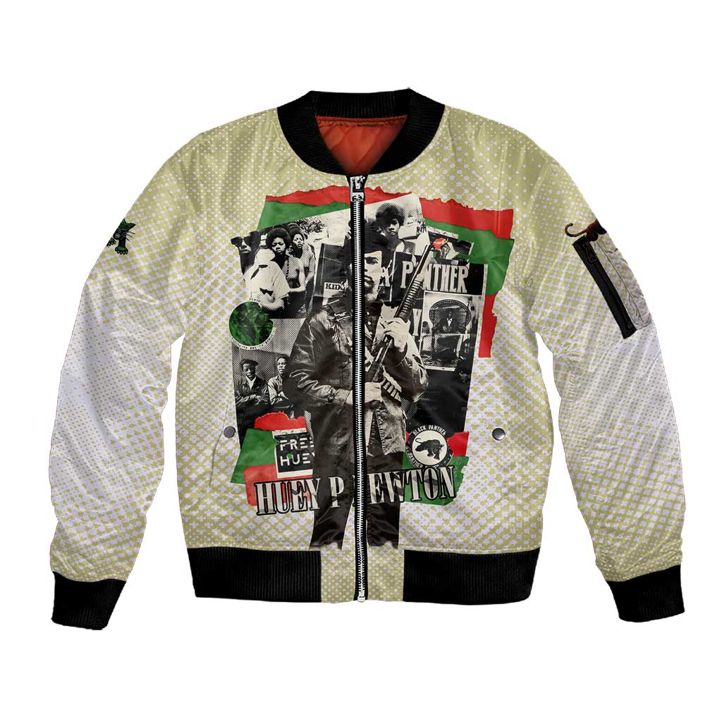 Huey P. Newton Sleeve Zip Bomber Jacket Black Panther Collage Design Civil Rights Movement Theme Revolutionary Tribute - Wonder Print Shop