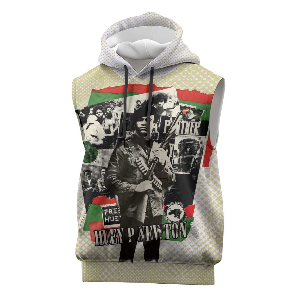 Huey P. Newton Sleeveless Hoodie Black Panther Collage Design Civil Rights Movement Theme Revolutionary Tribute - Wonder Print Shop