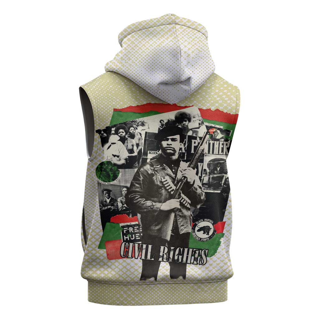 Huey P. Newton Sleeveless Hoodie Black Panther Collage Design Civil Rights Movement Theme Revolutionary Tribute - Wonder Print Shop