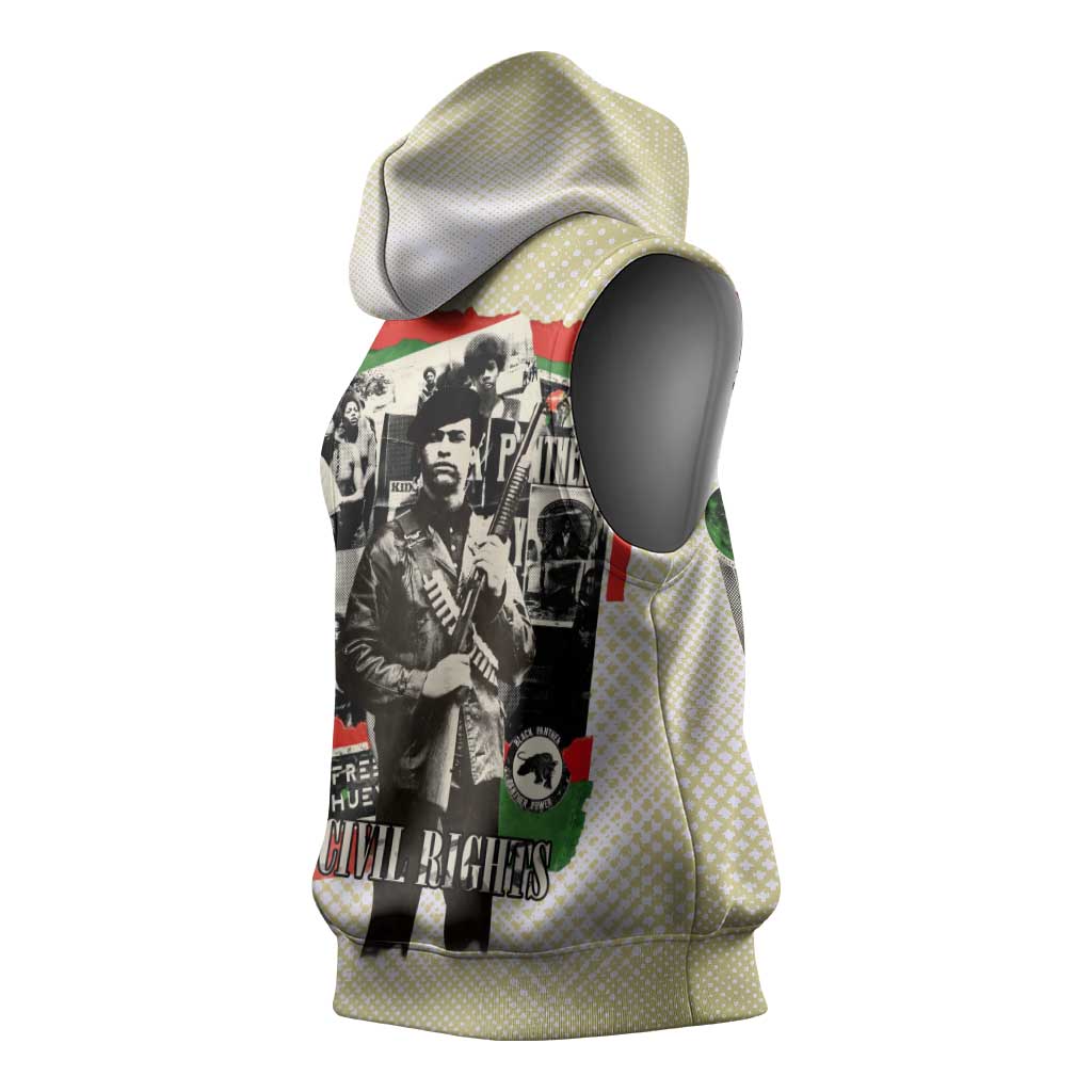Huey P. Newton Sleeveless Hoodie Black Panther Collage Design Civil Rights Movement Theme Revolutionary Tribute - Wonder Print Shop