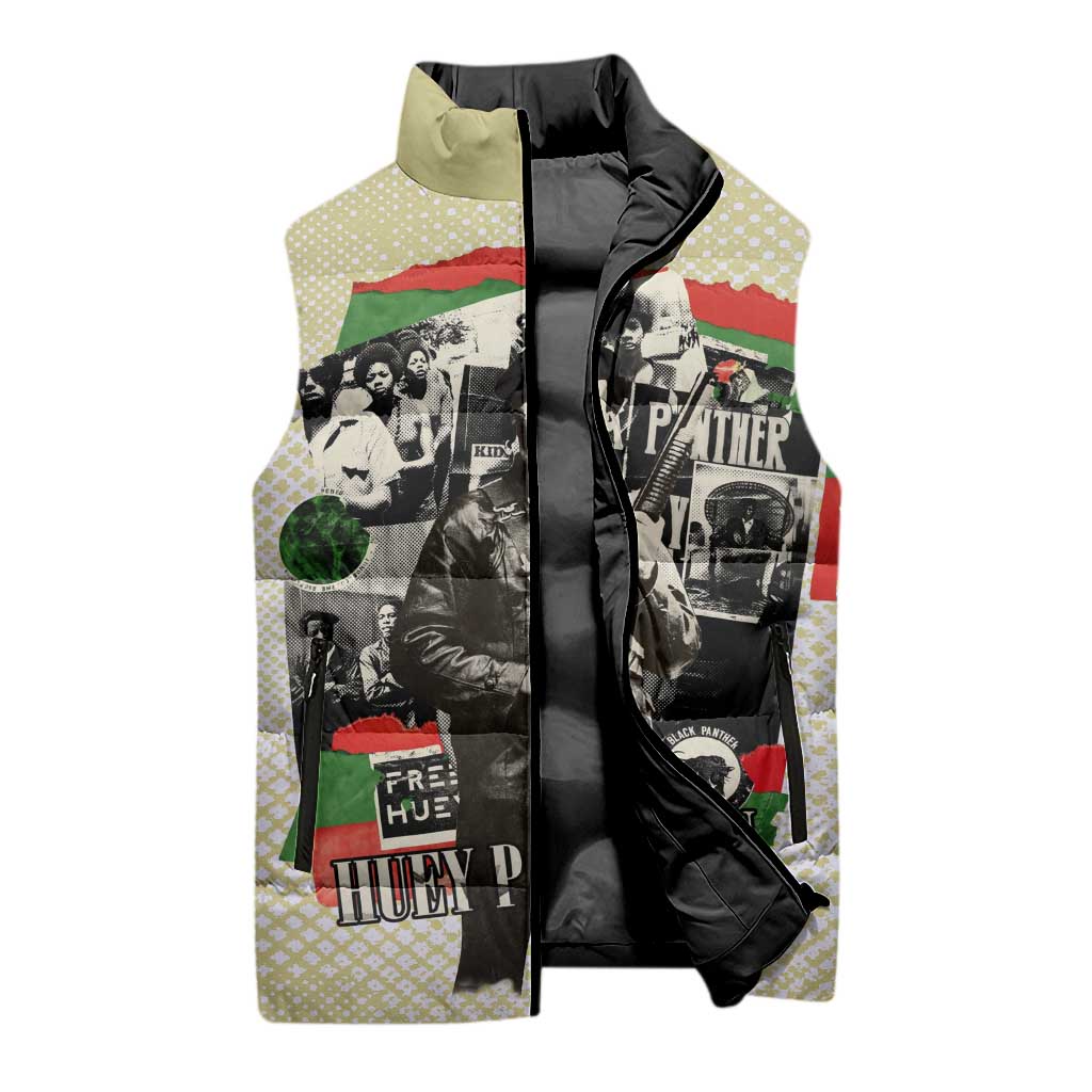 Huey P. Newton Sleeveless Puffer Jacket Black Panther Collage Design Civil Rights Movement Theme Revolutionary Tribute - Wonder Print Shop