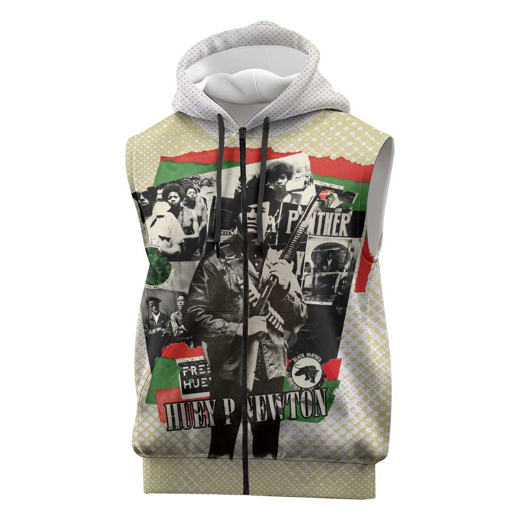 Huey P. Newton Sleeveless Zip Hoodie Black Panther Collage Design Civil Rights Movement Theme Revolutionary Tribute - Wonder Print Shop