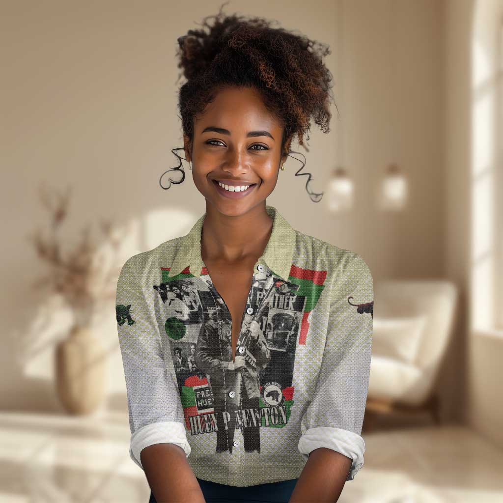 Huey P. Newton Women Casual Shirt Black Panther Collage Design Civil Rights Movement Theme Revolutionary Tribute - Wonder Print Shop
