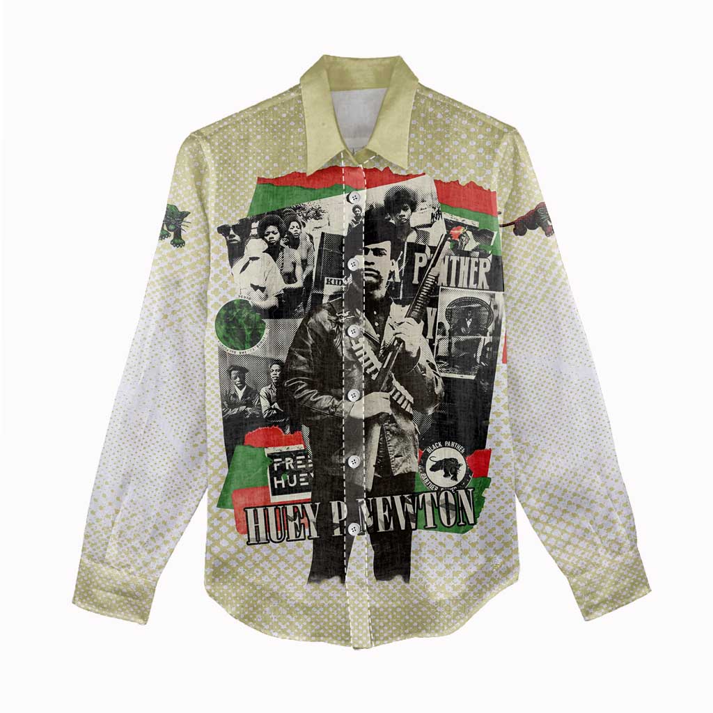 Huey P. Newton Women Casual Shirt Black Panther Collage Design Civil Rights Movement Theme Revolutionary Tribute - Wonder Print Shop