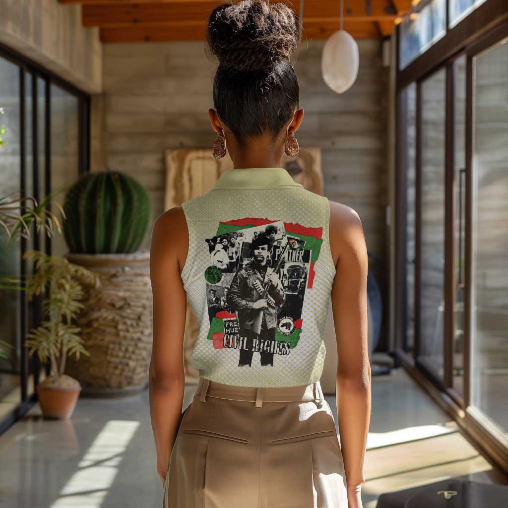 Huey P. Newton Women Sleeveless Polo Shirt Black Panther Collage Design Civil Rights Movement Theme Revolutionary Tribute - Wonder Print Shop