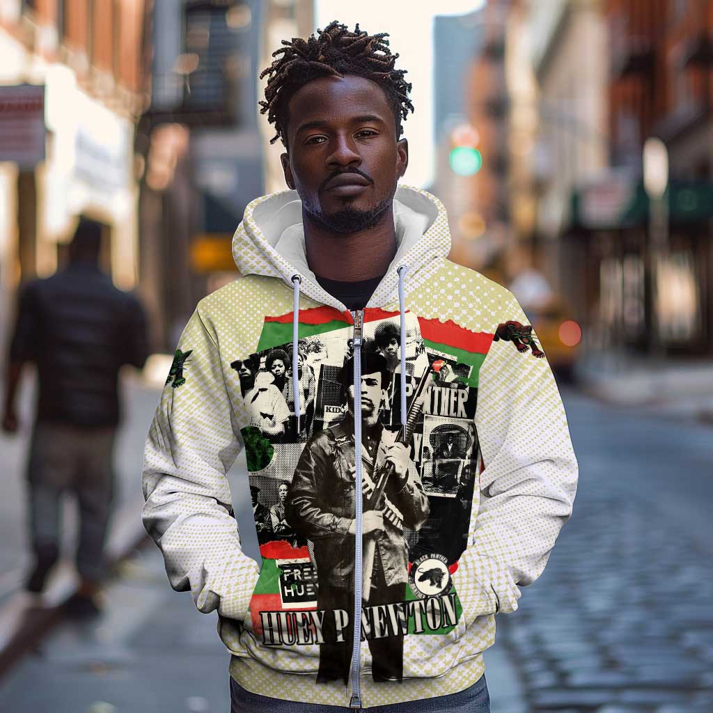 Huey P. Newton Zip Hoodie Black Panther Collage Design Civil Rights Movement Theme Revolutionary Tribute - Wonder Print Shop