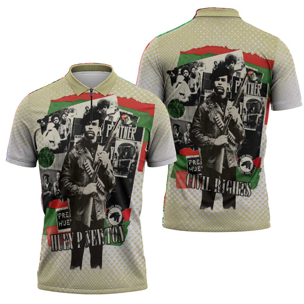 Huey P. Newton Zipper Polo Shirt Black Panther Collage Design Civil Rights Movement Theme Revolutionary Tribute - Wonder Print Shop