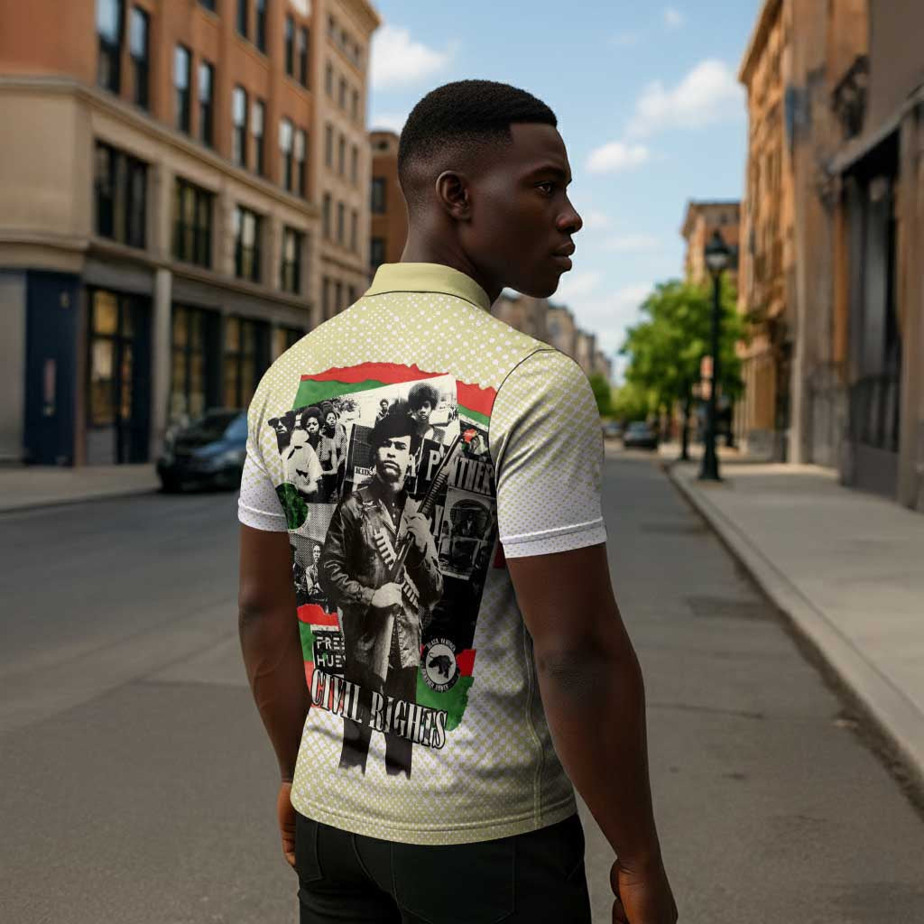 Huey P. Newton Zipper Polo Shirt Black Panther Collage Design Civil Rights Movement Theme Revolutionary Tribute - Wonder Print Shop
